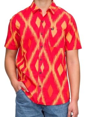 Junk Food Clothing XXL Red Orange Ikat Diamond Print Short Sleeve Button Down